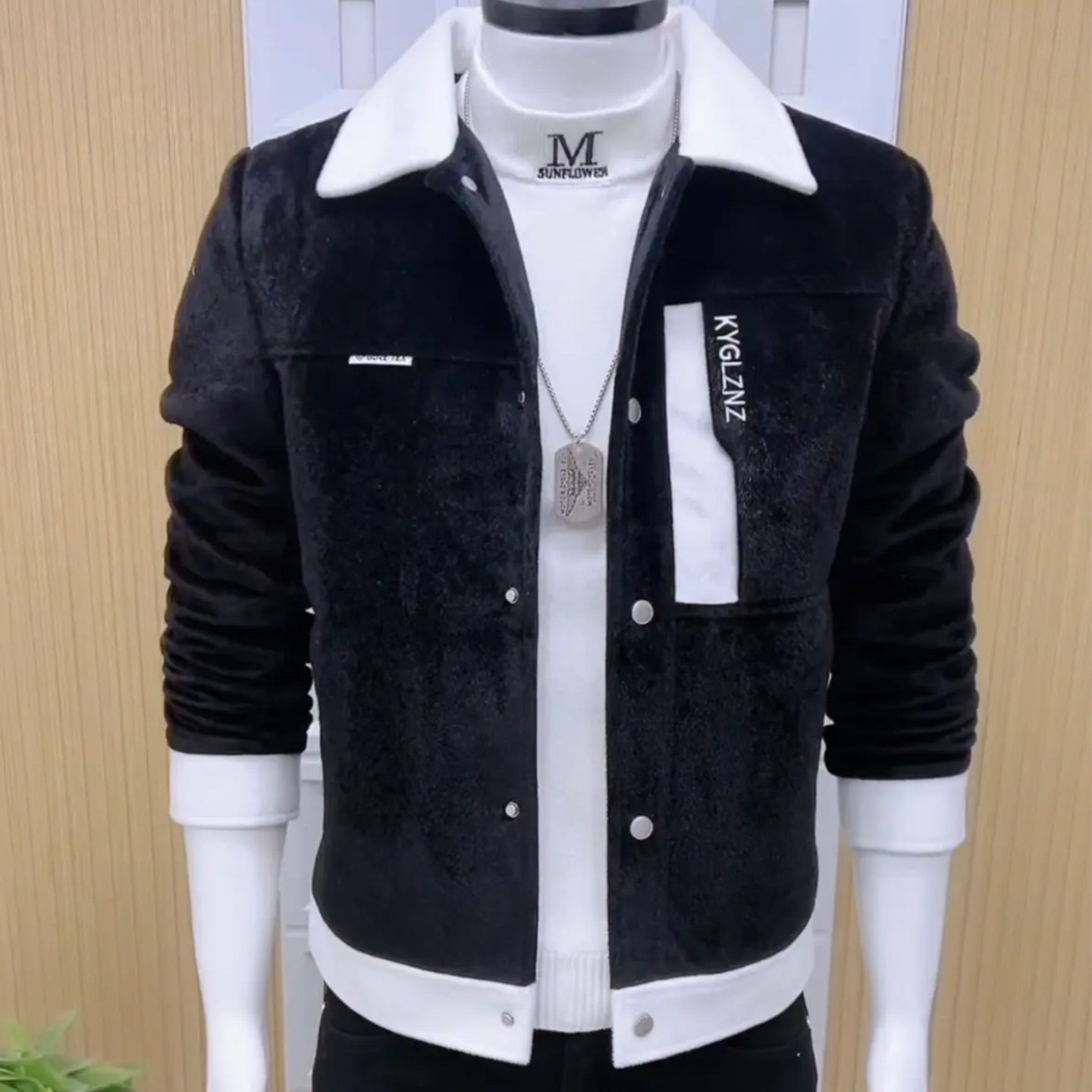 拼色加绒外套男冬季韩版修身潮流男士夹克厚款痞帅字母保暖棉服