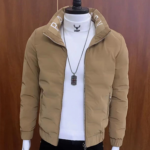 修身 字母外套男冬季 韩版 羽绒服轻薄百搭帅气短款 棉服 拼色立领男士
