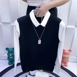 秋冬毛衣男新款韩版拼色衬衫领假两件男士针织衫修身潮流打底线衣