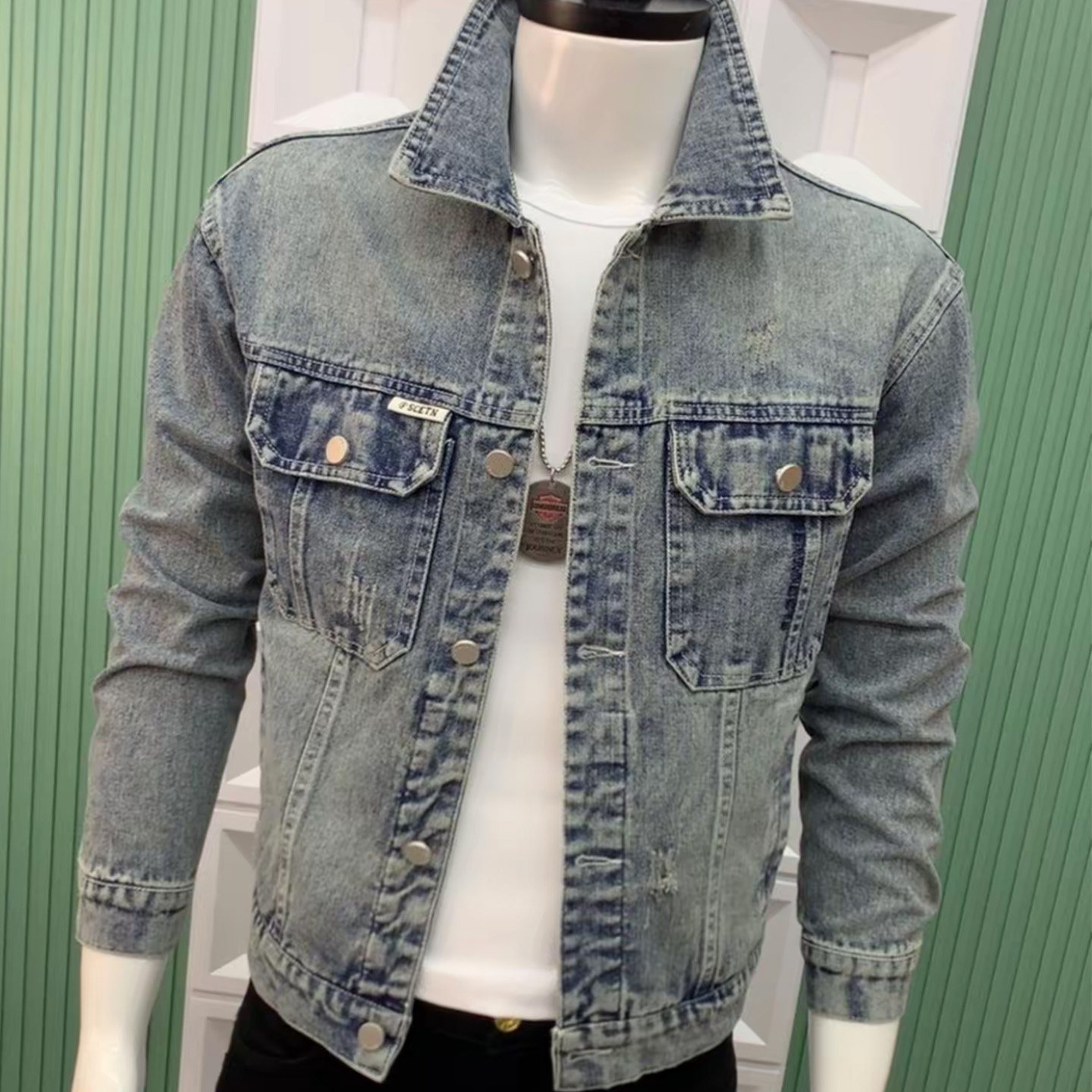 复古水洗翻领社会小伙牛仔衣夹克男百搭修身韩版潮流帅气男士外套