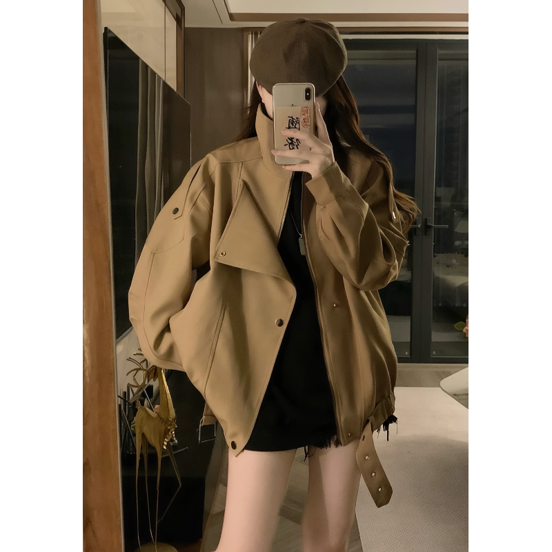 黛茗颜风衣立领夹棉外套女2025新款冬季机车服短款卡其色棉衣大衣