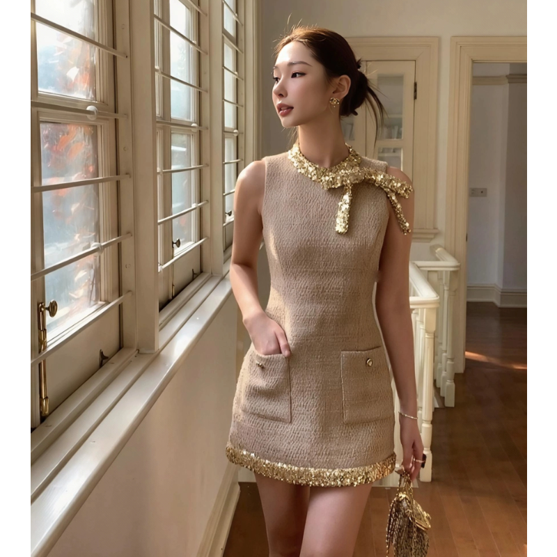 富家千金抹胸裙礼服收腰镶钻高级感一字肩连衣裙生日Party小礼裙