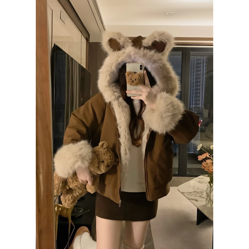 韩系可爱小兔耳朵连帽仿毛外套女加绒加厚保暖宽松温柔风毛绒棉服