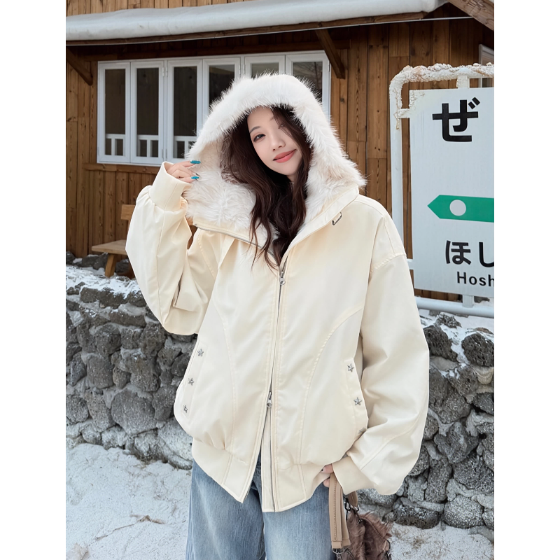 韩系奶白色毛绒连帽外套女冬星星装饰宽松保暖加厚休闲小个子夹克