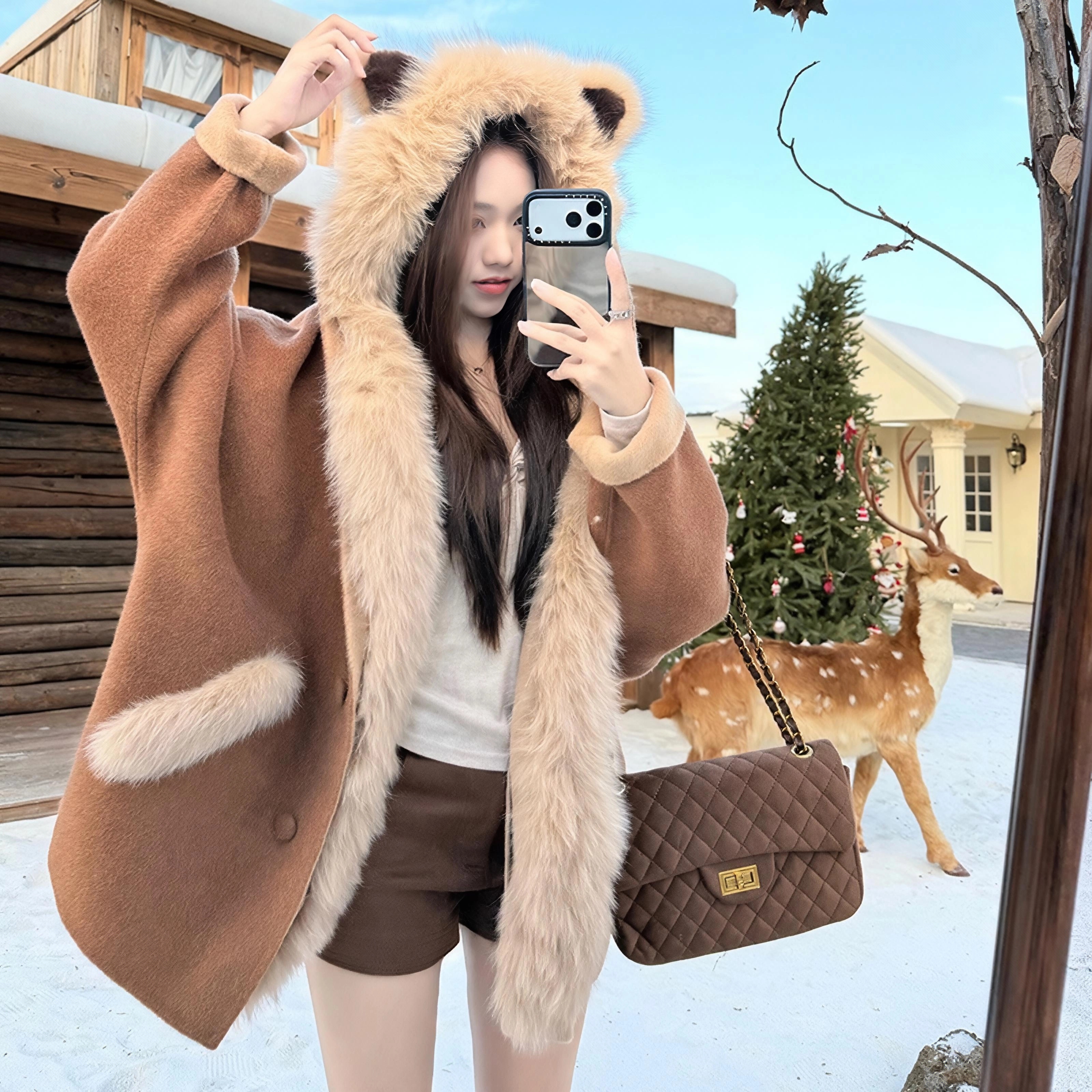 秋冬棕咖色毛绒拼接连帽大衣软萌小熊耳朵宽松加厚保暖中长款外套