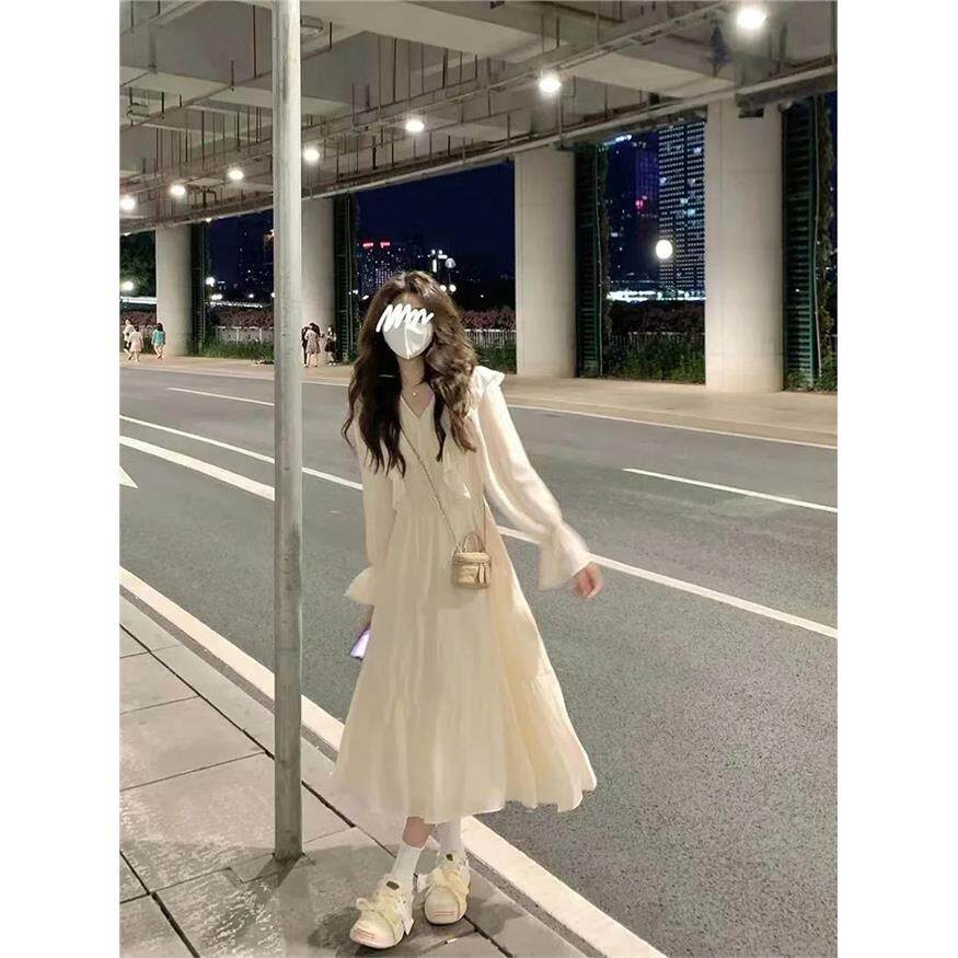 法式初恋白色长袖洋装女气质温柔风2025春秋新款收腰显瘦裙子夏