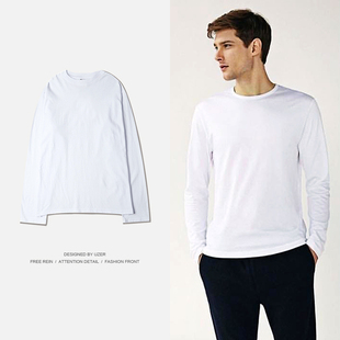 纯棉圆领白色打底衫 男士 秋装 男2018新款 宽松休闲潮流 纯棉t恤长袖