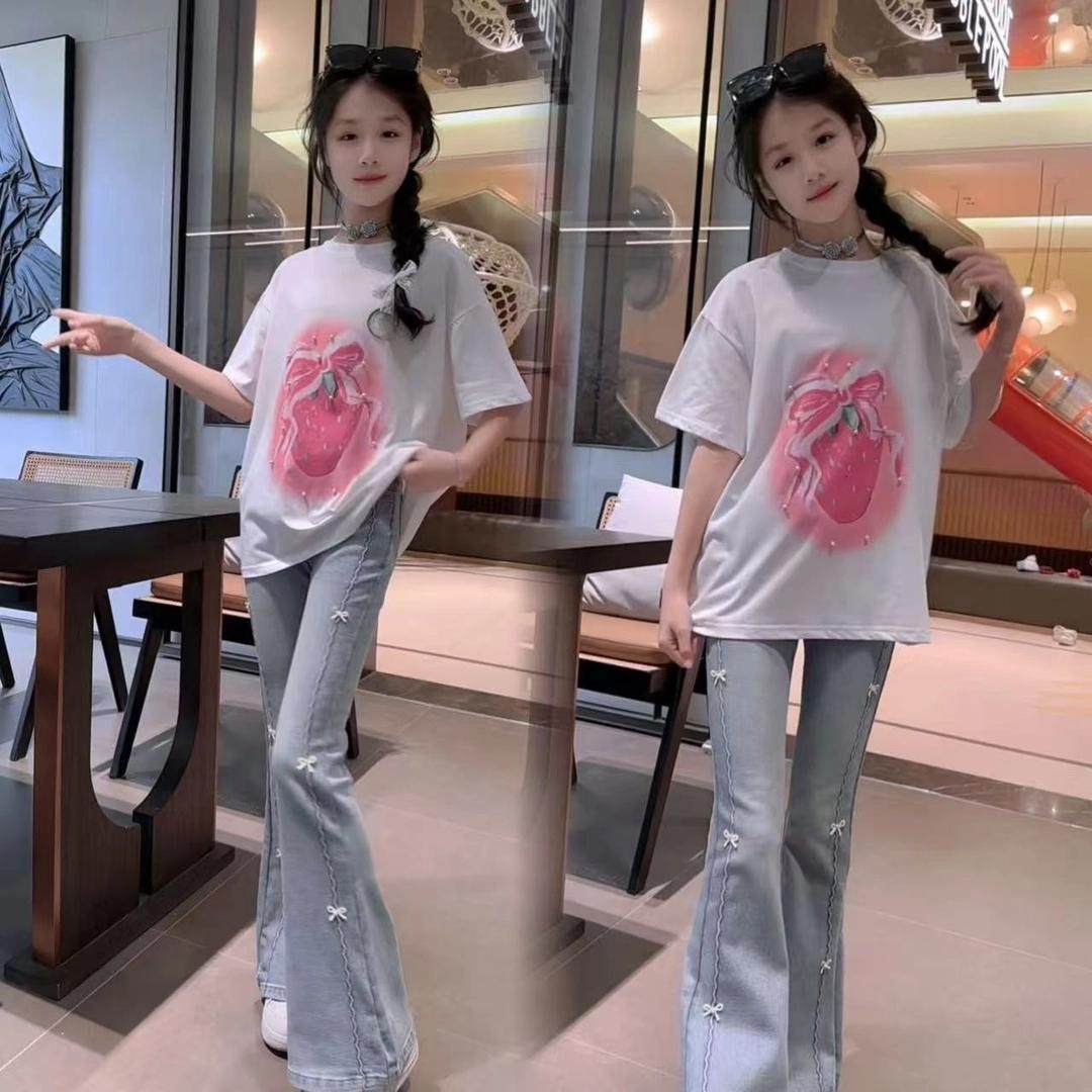 女童夏季套装2025新款洋气短袖T恤修身牛仔喇叭裤两件套女孩衣服
