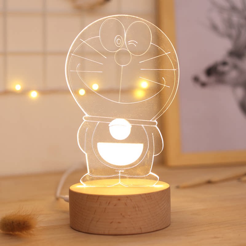 哆啦a梦小夜灯实木叮当猫3d灯床头台灯z音乐盒diy定制情人节礼物