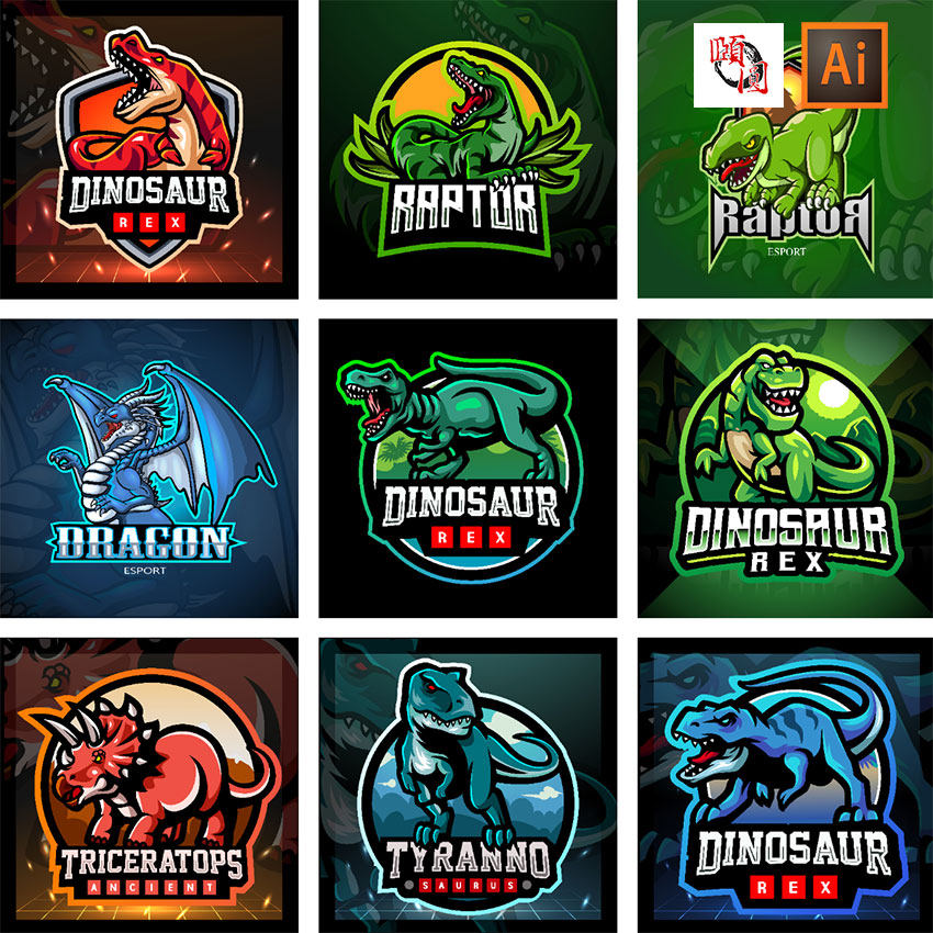 恐龙电竞游戏战队球队logo标志图标ai矢量设计素材