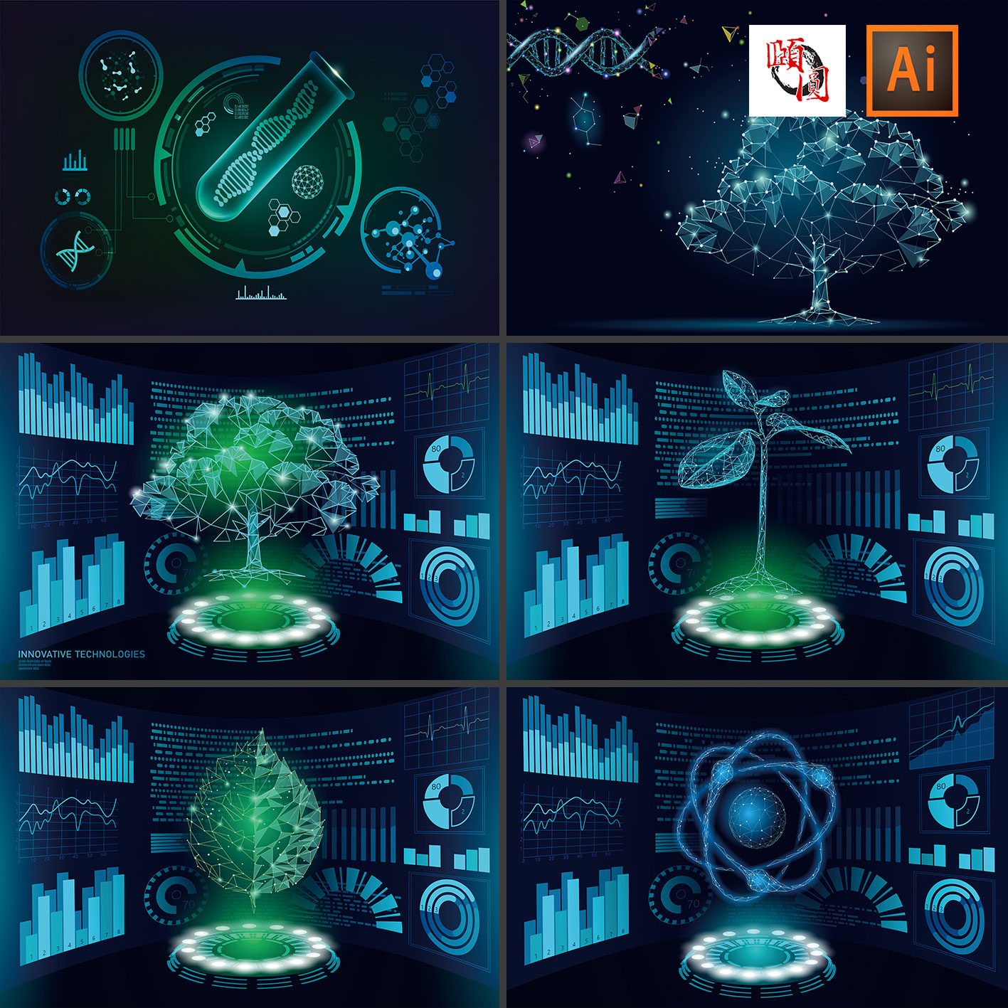 3D低聚绿色植物HUD生物基因工程生态解决方案AI矢量设计素材