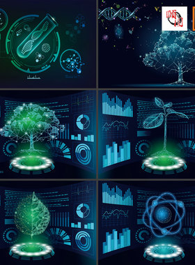 3D低聚绿色植物HUD生物基因工程生态解决方案AI矢量设计素材
