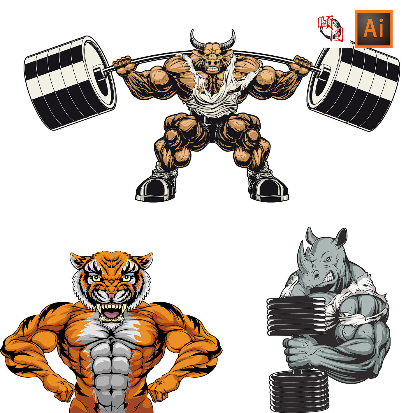 肌肉老虎犀牛狮子健身运动拟人动物插画ai矢量设计素材