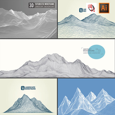 网格空间数字地形线条框架透视山脉网络技术背景AI矢量设计素材