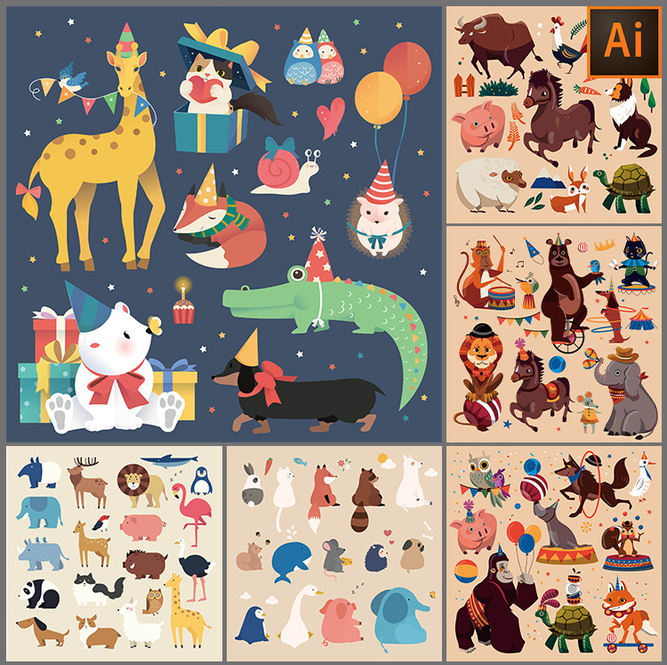 卡通可爱动物园马长颈鹿鳄鱼狐狸狮子大象插画插图矢量设计素材