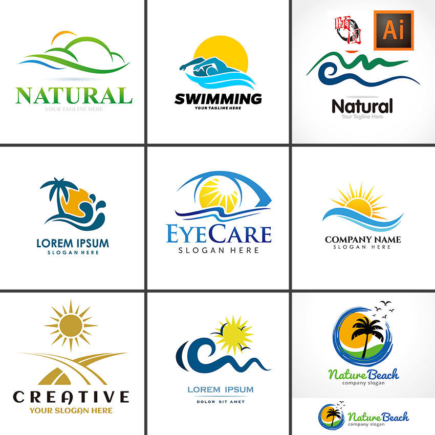 椰树太阳水波纹海洋度假旅游logo标志图标ai矢量设计素材