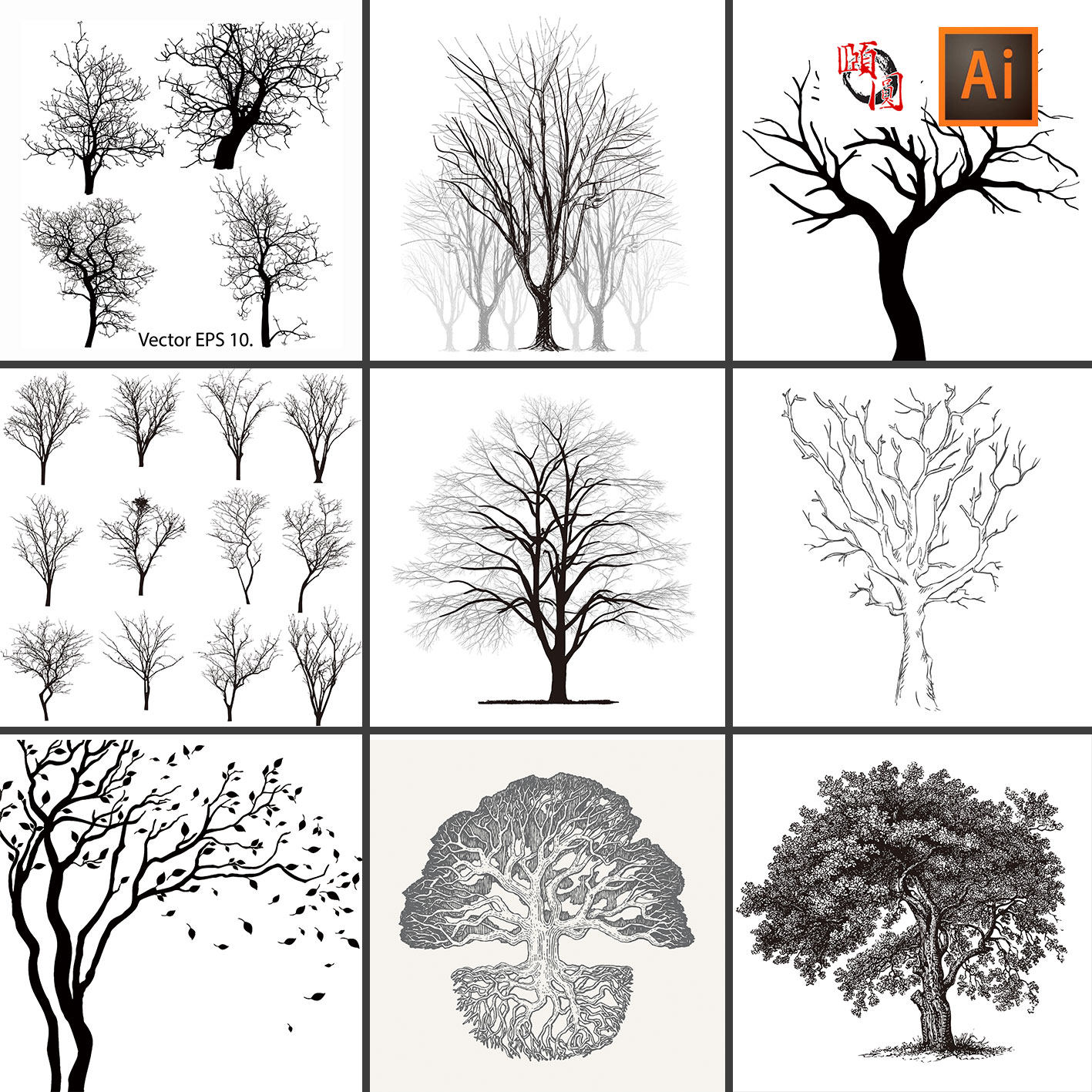 黑白大树剪影树木树枝插画ai矢量设计素材