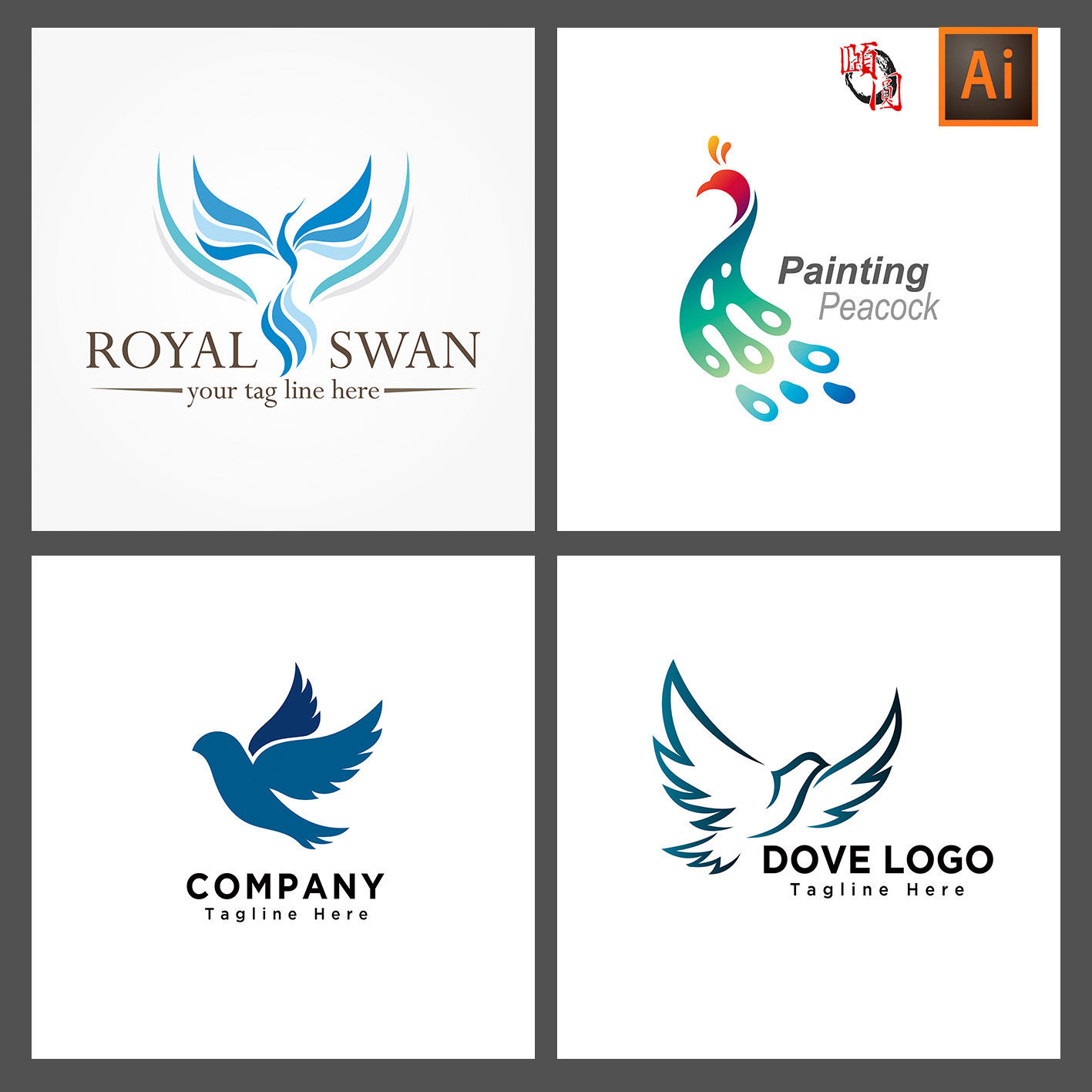 翅膀孔雀飞鸟鸽子仙鹤小鸟创意logo标志图标设计ai矢量设计素材