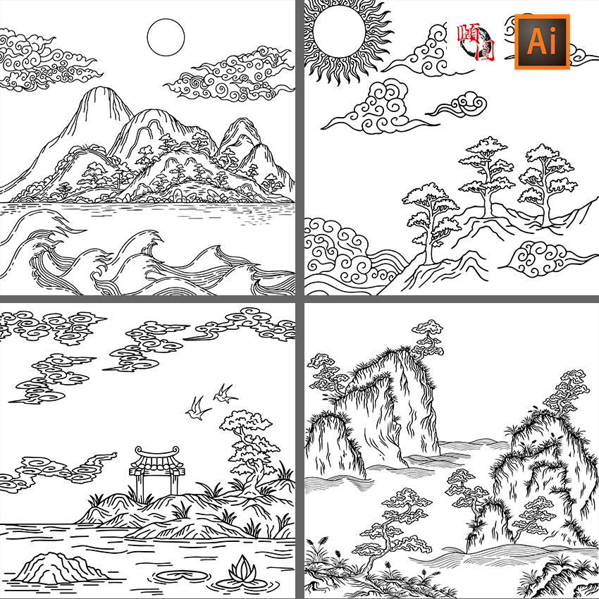 黑白线描轮廓中国风云纹山水画ai矢量设计素材