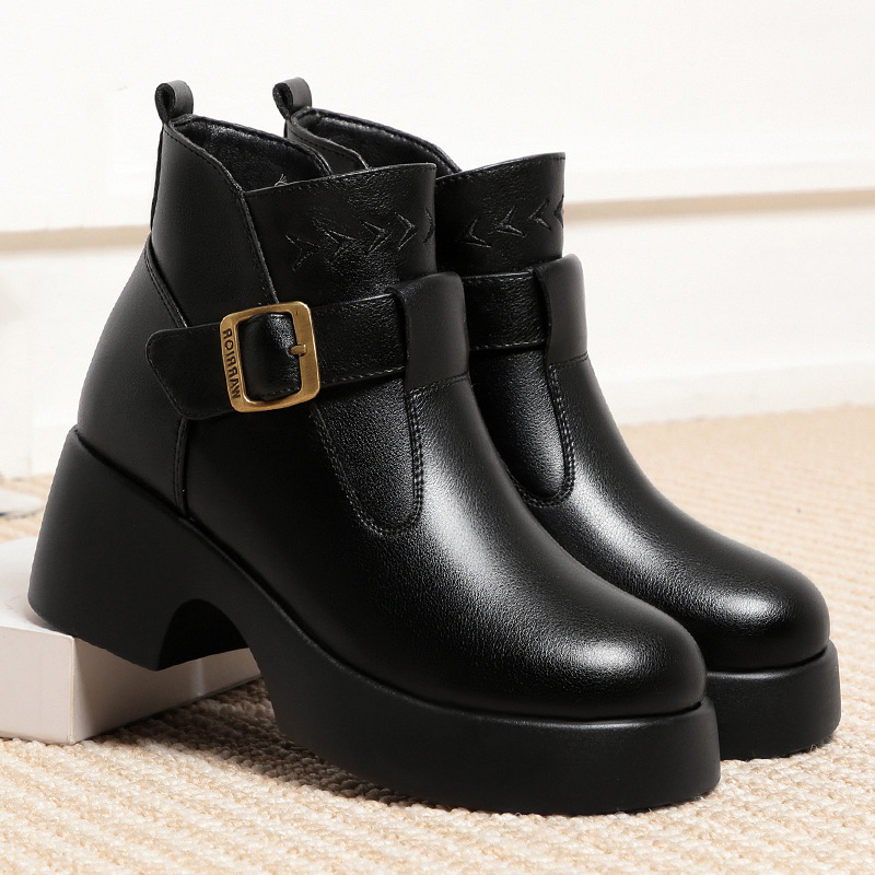 加绒保暖妈妈鞋棉鞋粗跟厚底短靴高跟女士皮鞋秋冬季女鞋