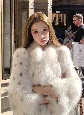 早安樊樊墨云间芬兰进口saga级环保白狐皮草山猫纹韩版毛毛外套女