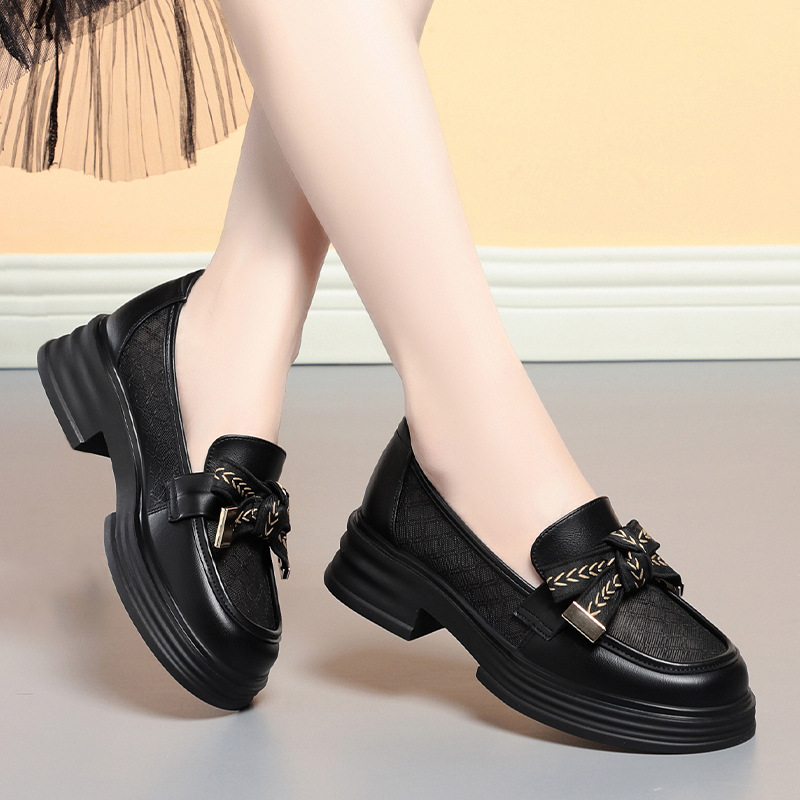 小皮鞋女薄款网纱时尚镂空厚底夏季单鞋新款软底蝴蝶结网面乐福鞋