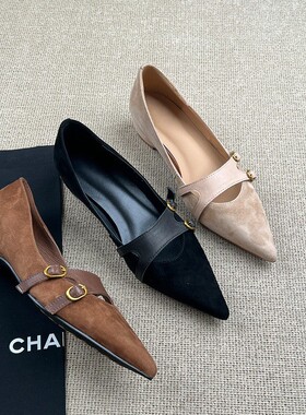 羊皮版~复古磨砂真皮一字扣浅口单鞋女内增高浅口气质百搭工作鞋