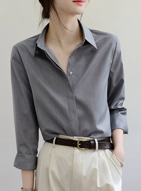 暗门襟灰色宽松衬衫长袖女商务职业通勤lo气质衬衫chic高级感
