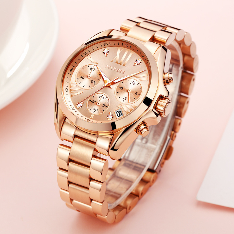 麦施时尚多功能女士手表全玫瑰金精钢三眼表盘计时学生日历石英表