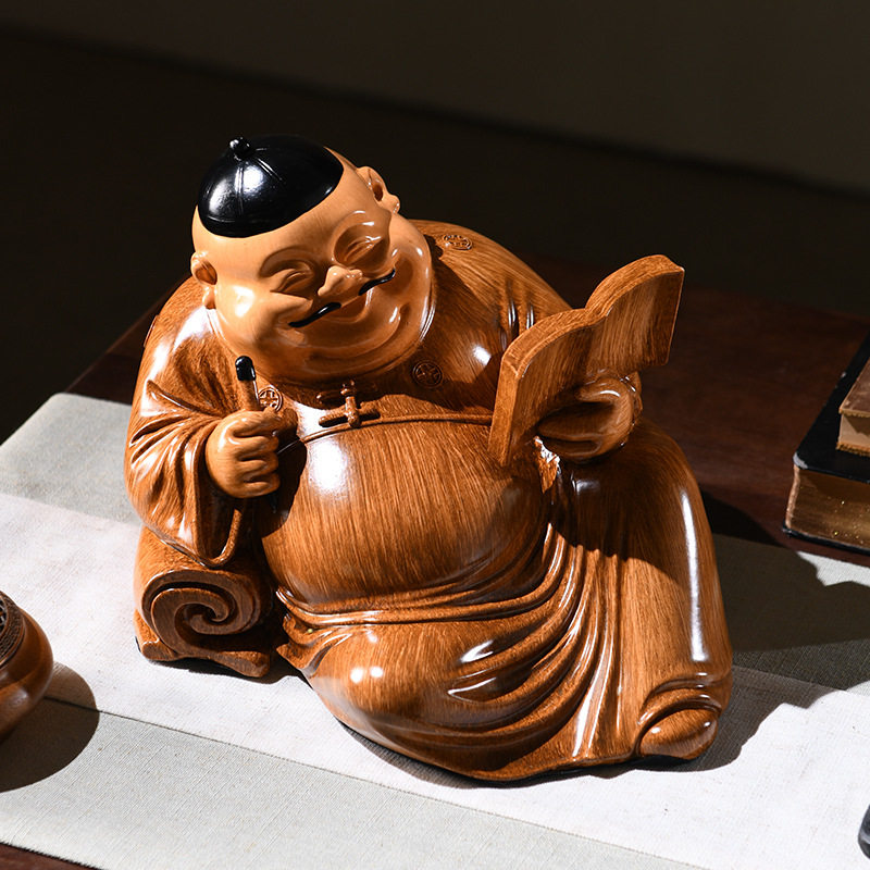 中式读书土地爷摆件客厅茶室桌面装饰工艺品红木质感笑佛摆设