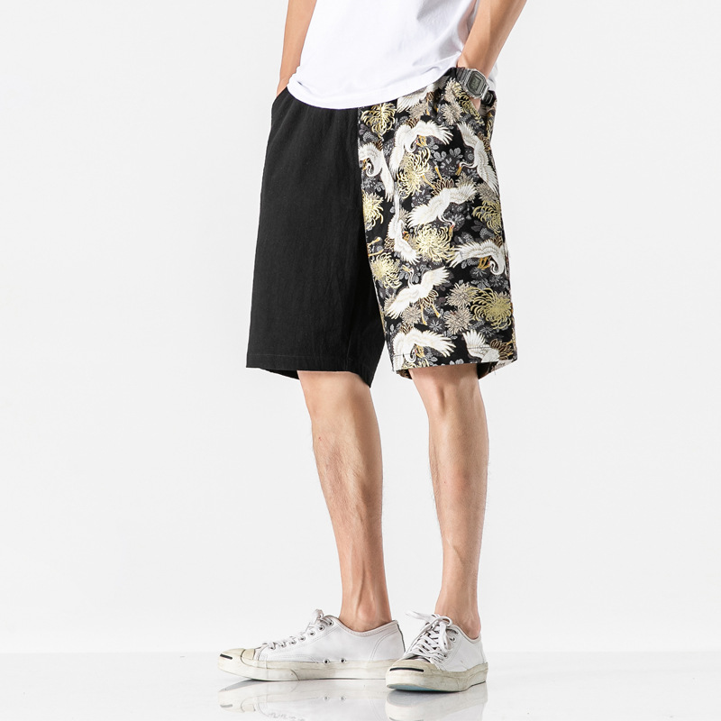 男式夏款宽松休闲棉麻短裤中腰中国风刺绣直筒运动短裤现货批