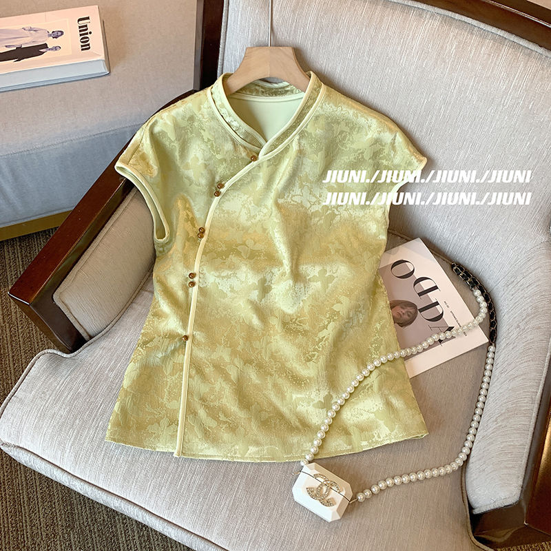 新中式斜襟盘扣提花无袖衬衫女2025夏季国风复古洋气改良旗袍上衣