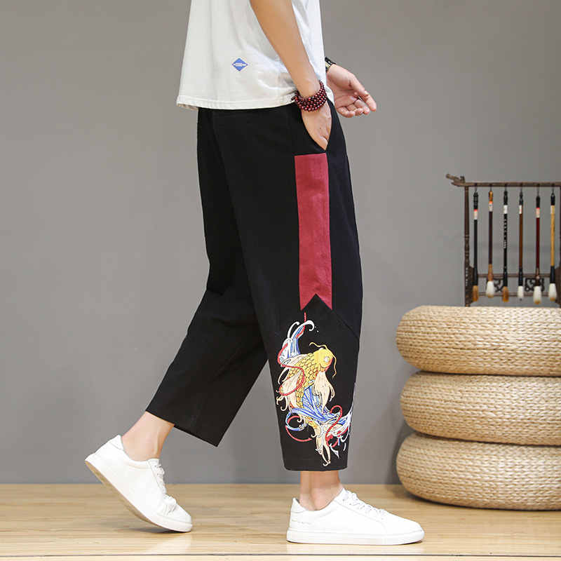 夏季新款中国风薄款刺绣休闲裤九分裤男装装直筒裤灯笼裤