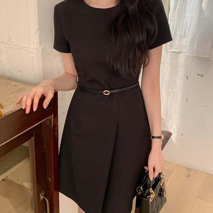 优美绝伦 韩国连衣裙 纯色短袖赫本小黑裙修身显瘦短款韩版连衣裙