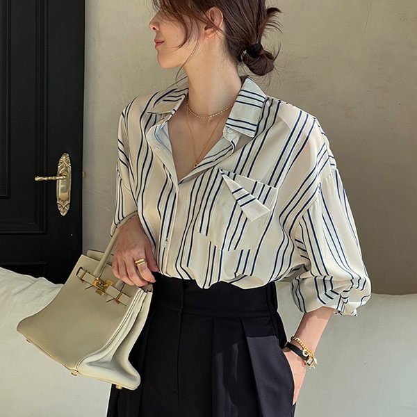 精心琢磨 韩国东大门不规则条纹衬衣 落肩袖宽松长袖韩版衬衫