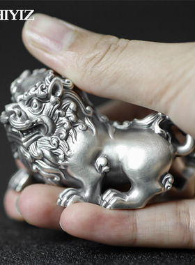 纯银青狮手把件足银999狮子盘玩摆件实心银狮钥匙挂件男女包挂饰