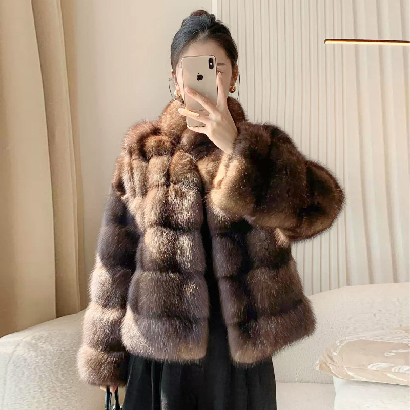 冬季新款俄罗斯进口满天星短款立领紫貂外套女时尚洋气貂皮大衣女