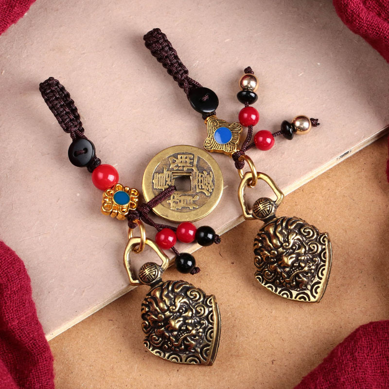 黄铜复古做旧谛听狮头驱魔铃铛汽