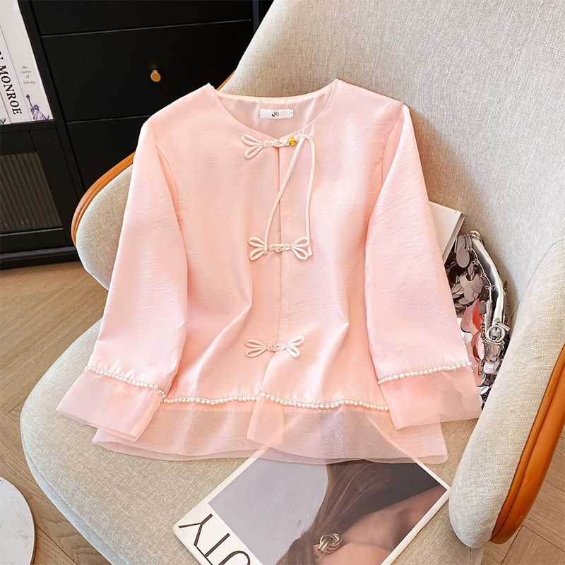 2025春季新中式女装圆领提花盘扣拼接衬衫高端国风气质上衣