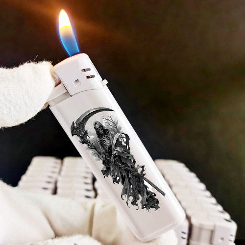 死神图案白色电子按钮滑砂轮超薄防爆明火可调火打火机