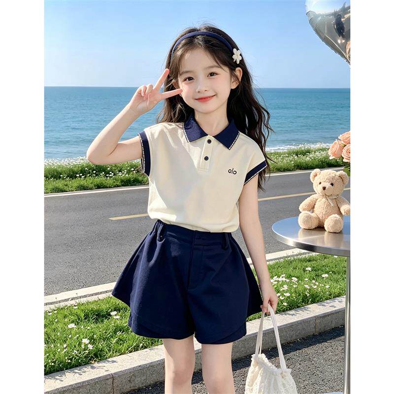 女童夏套装2026新款儿童夏季学院风两件套女孩独特漂亮短袖polo衫