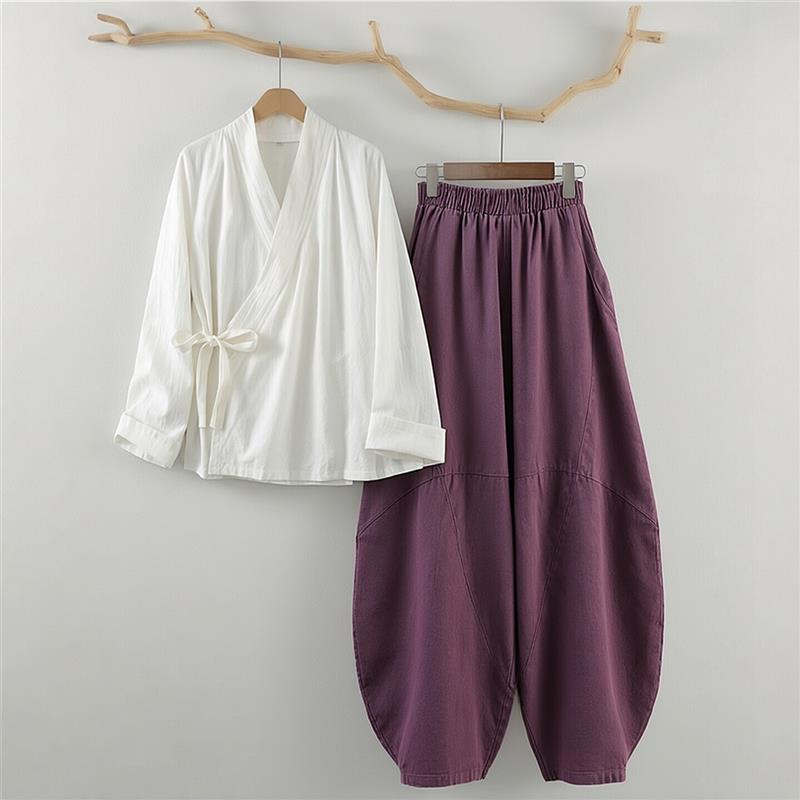 中式交领居士服素衣棉麻汉服衬衫女斜襟系带太极练功茶服长袖上衣