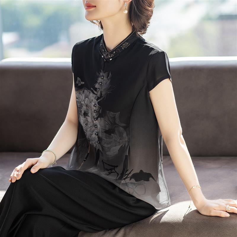 中老年人女妈妈装夏装气质短袖t恤小衫2026新款洋派雪纺两件式套