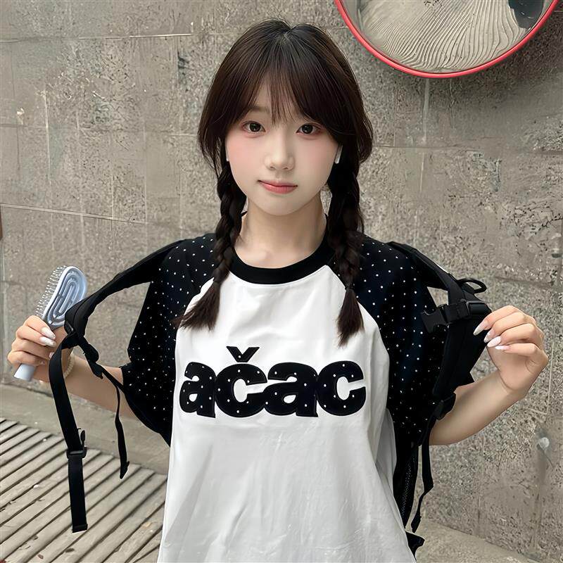 美式复古波点插肩短袖t恤女大童2026夏初中高中学生宽松刺绣上衣