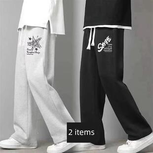 新品裤子男士秋季裤子灰色褶皱直筒裤男士宽松休闲运动裤男孩宽腿