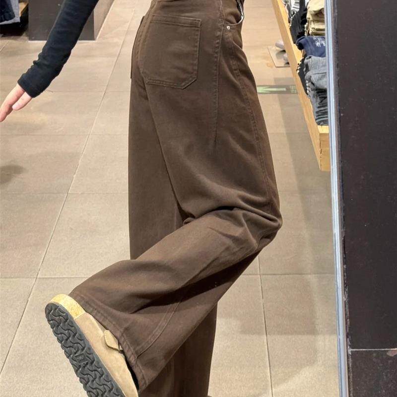 新品弯刀牛仔裤棕色裤子女款秋季美拉德阔腿裤大码胖mm显瘦咖色阔