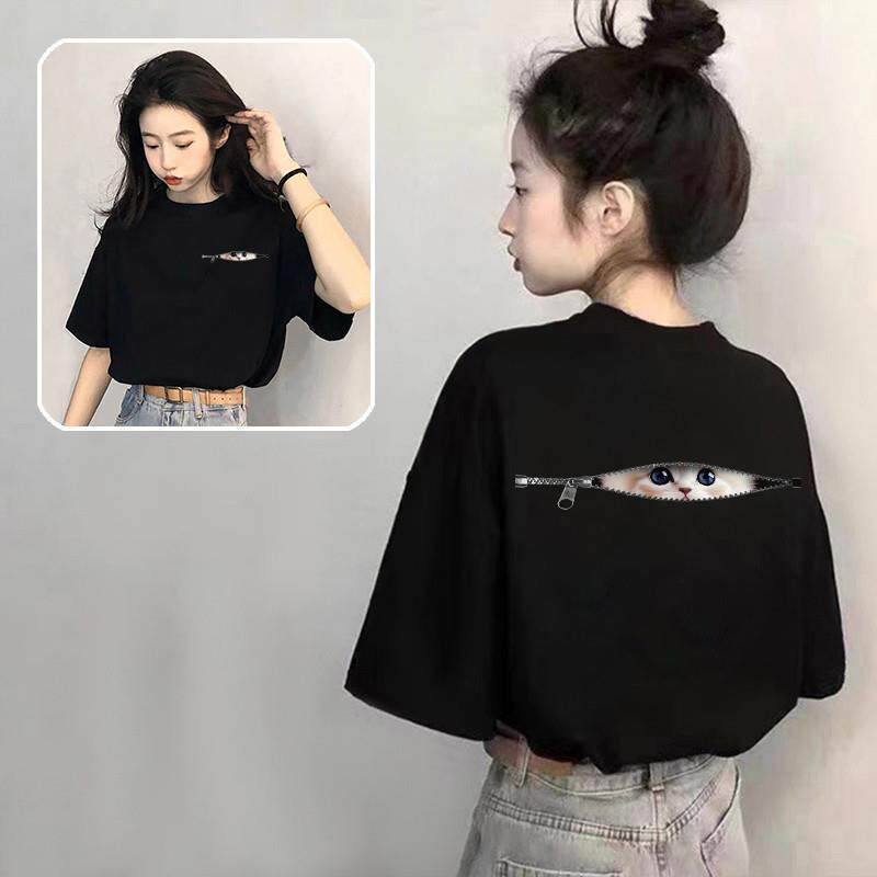 新品小猫黑色纯棉短袖t恤女2025夏季新款爆款独特设计感上衣宽松