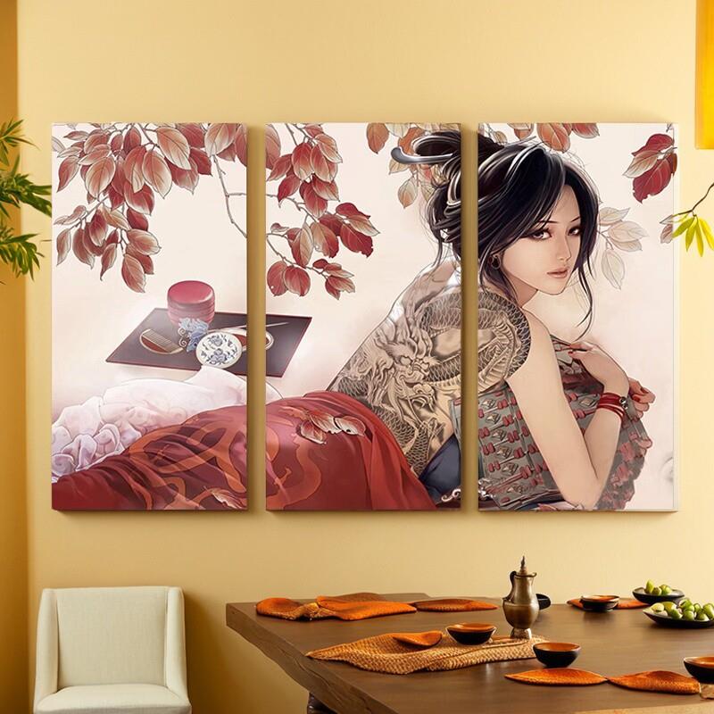 日式挂画酒店浮世绘玄关三联壁画饭厅纹身店美女壁画刺青装饰画