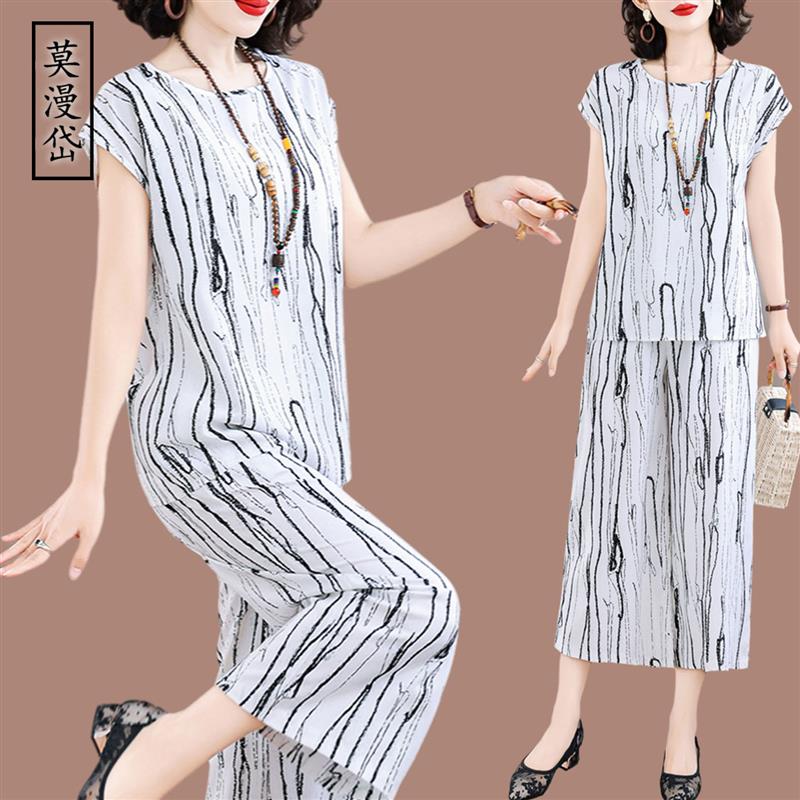 中老年妈妈棉绸套装女夏外穿绵绸短袖阔腿七分裤气质家居服两件套