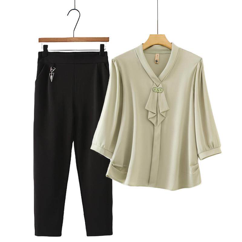 新品中年妈妈春装T恤套装时尚洋气中袖雪纺小衫夏季衬衫春秋气质